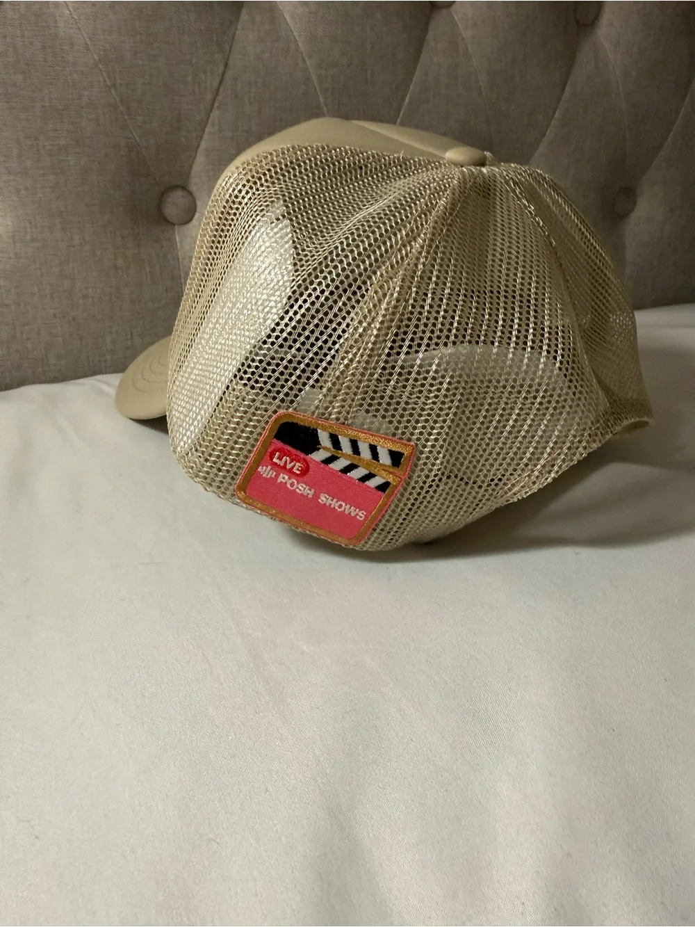 Beige Mesh Trucker Hat with Pink Patch